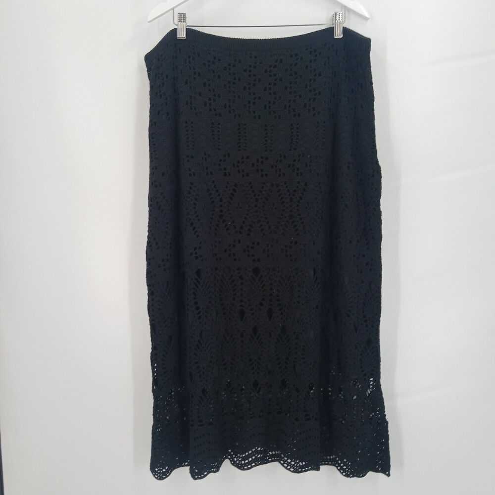 Dialogue Womens Black Open Knit Crochet Midi Skirt Size 2X Stretch Elastic Waist